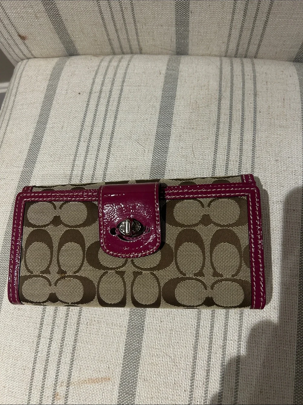 Coach Signature Canvas Continental Wallet in Khaki and Pink